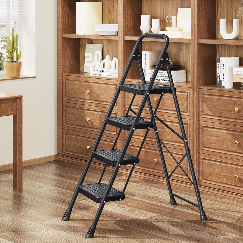 KINGRACK 4 Step Ladder, Sturdy Steel Step Stool with Anti-Slip