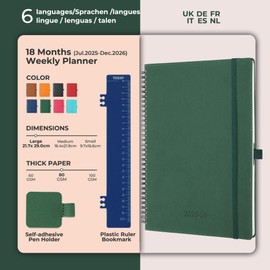 IN-LUXPRO 2025-2026 Academic Diary A4 Week to View (29x21.7 cm) Spiral 18 Months (Jul'25 - Dec'26) Weekly & Monthly Planner with Month Tabs & Pocket,Expenses/Note Pages,PU Leather(Green)