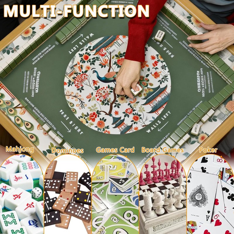 Noise-Reducing Mahjong Mat,31.5"x31.5" Portable Tablecloth for Mahjong,Green Floral and Birds