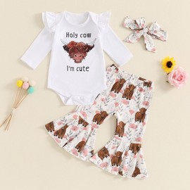 Newborn Baby Girl Fall Outfits Holy Cow Print Long Sleeve Romper Cow Floral Flare Pants Headband Set 3Pcs Clothes (White, 3-6 Months)