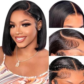 Glueless Bob Wig Human Hair 180 Density Glueless Wigs Human Hair Pre Plucked Pre Cut 5x5 Closure Wigs Human Hair Bob Lace Front Wigs Human Hair Glueless Wear and Go Short Wigs for Black Women:_5x5 straight wave_8inch