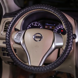 Carwales Car Leather Steering Wheel Cover Men Luxury Black Hand-Made Wrap Hand Woven Universal 14.5-15 Inch, BZ103