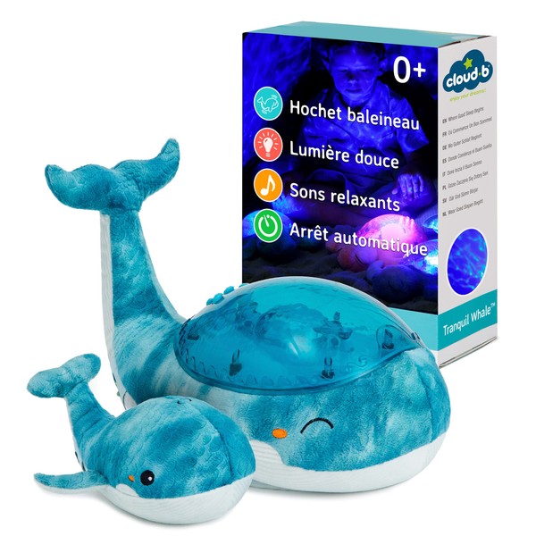 Cloud B Apaisante Projecteur de fonds marins avec sons apaisants | Luminosité et vitesse du mouvement réglables | Arrêt automatique | Veilleuse Musicale Baleine Tranquil Whale Family - Bleue