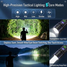 Rechargeable LED Flashlight High Lumens with Holster , Digital Power Display,Magnetic Tactical Flashlight with Memory Mode,Waterproof Zoomable Handheld Flash Light for Camping,Emergencies,Car Repair