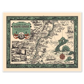 Antiguos Maps Map of the Maine coast from York Harbor to Saco Bay circa 1929 by Albert Prentice Button - Vintage Themed Home Decor (Canvas, 18 inches x 24 inches)