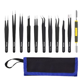 MMOBIEL 10x Industrial Precision ESD Tweezers Anti-Static Stainless Steel for Electronics Tools, Jewelry, Computer, Laboratory Work, Crafts and Hobbies etc. – Incl. Spatula and Case