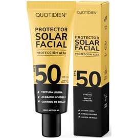 Quotidien Protector Solar Facial FPS 50 con Textura Ultra Ligera, Bloqueador Solar Dermatológicamente Probado, Acabado Invisible, Control de Brillo, Protección de Amplio Espectro 50 ml