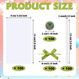 Wavwavw 100 Sets Clear Rice Treat Bags with Ribbon Bow and Thank You Stickers Clear Flat Cellophane Treat Candy Bags for Rice Treats Bag Giving Gift (Green)