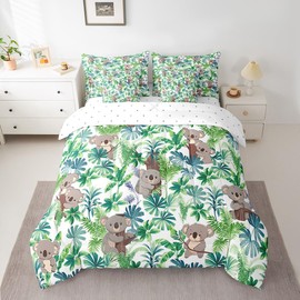 Feelyou Toddler Koala Full Comforter Set with Sheets Cute Koala Bed in a Bag with Comforter, Sheets, Pillowcases & Cushion Cover Tropical Leaves 7 Pieces Bedding Set Kawaii Wild Animals Bed Set