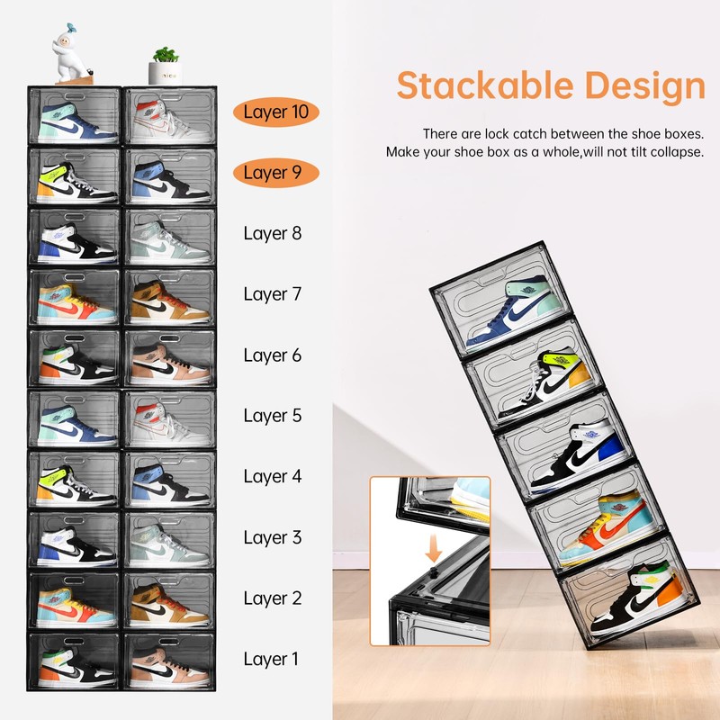 Amllas New Gray 8 Pack Shoe Boxes Stackable, Large Shoe