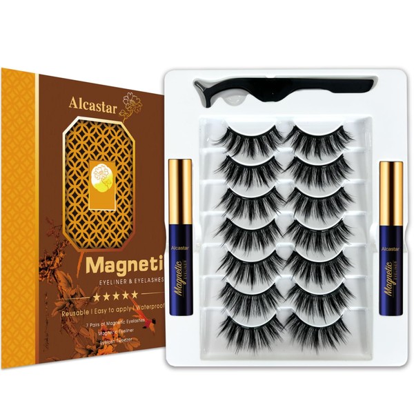 Alcastar Magnetic Eyelashes with Eyeliner Natural,Magnetic Eyelashes with Eyeliner Kit,Reusable