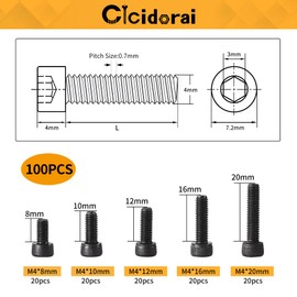 Cicidorai M4 x 8mm 10mm 12mm 16mm 20mm Hex Socket Head Cap Screws Bolts, 12.9 Grade Alloy Steel, Black Oxide Finish, Fully Threaded, Metric Allen Hex Drive, Assortment Kit 100Pcs