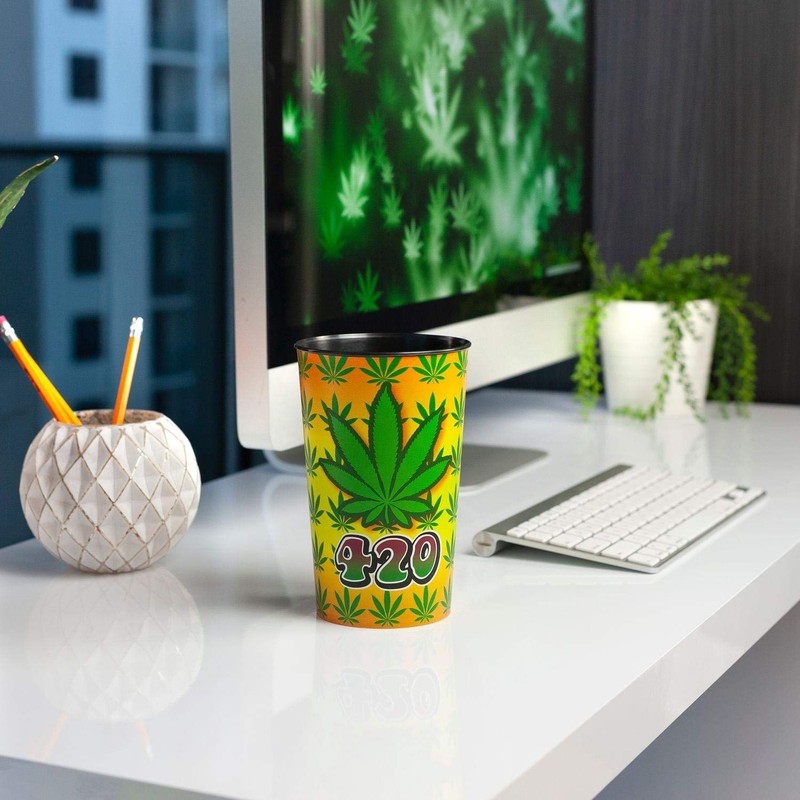 JUST FUNKY 32oz Tall Insulated Tumbler Features a Pot Leaf