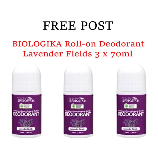 3 x 70ml BIOLOGIKA Lavender Fields Roll On Deodorant  * FREE POST