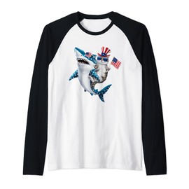 Awesome Patriotic Cat Riding Shark usa flag sunglasses Raglan Baseball Tee