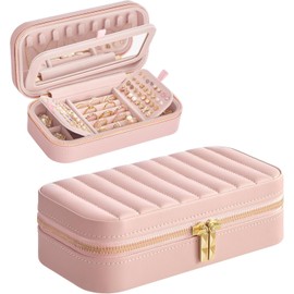 SONGMICS HOME Travel Jewelry Case with Mirror, Stitching, Portable | Jewelry box organizer, 4.1 x 8 x 2.4 Inches, Gift Idea, Jelly Pink, UJBC180S01