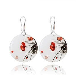 Handmade Flower Oval Round Dangle Earrings Jewellery for Women (Red White)