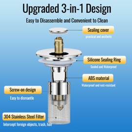 2 Pcs Upgraded 3-in-1 Bathroom Sink Drain Strainer with Removable Stainless Steel Basket & Brass Core, Universal Pop-Up Stopper for 1.1"-1.45" Basins（Silver）