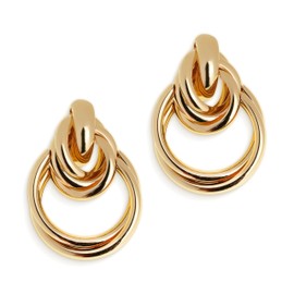 Frigotine Chunky Gold Geometric Dangle Drop Earrings for Women, Statement Large Round Double Circle Knot Hoop Stud Twisted Link earing Trendy Jewelry Gift