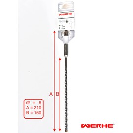WERHE ® SDS Plus Professional 5-Piece Concrete Drill Bit 6 x 210 mm Hammer Stone Concrete Quadro X Quadro X Quadruple Cutting Blade Cross Blade