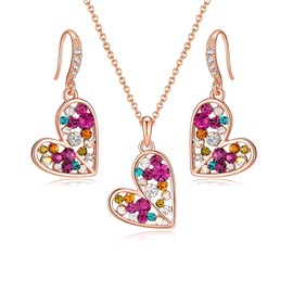EVEVIC Austrian Crystals Heart Pendant Necklace Earrings Set for Women 14K Rose Gold Plated Drop Earrings Hypoallergenic Jewelry Set Gift for Birthday Anniversary Wedding, Medium, Brass Crystal