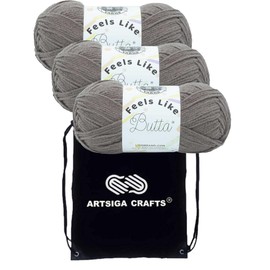 Lion Brand Yarn Feels Like Butta Yarn Cocoa 215-125 (3-Skein) Same Dyelot Worsted Medium #4 Soft 100% Polyester Bundle with 1 Artsiga Craft Bag