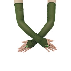 Goiruiya Opera Long Fingerless Gloves for Bridal Wedding Party Costume Stretchy Glove Mesh and Drill Gloves Dark Green