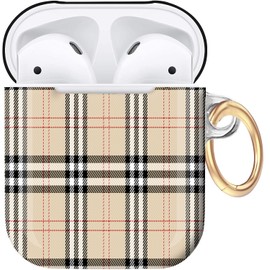 Compatiable with Airpod 1&2 Case,Hard Protective Shell with Keychain, Stylish Design AirPod Case Cover,Ideal for Women, Wireless Charging Supported(Beige Black Plaid)