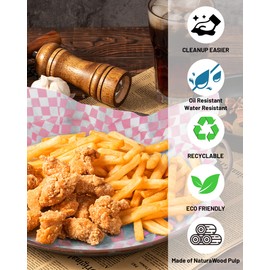 12x12 Inch Checkered Waxed Deli Paper-100 Sheets, Greaseproof Food Basket Liners, pink Wrapping Paper-Pink