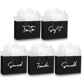 Kolldenn 5 Senses Gift Bags for Him Her with 10 Pcs Tissue Paper Sight Smell Touch Taste Sound Black Gift Bags with Ribbon Handle for Birthday Anniversary Wedding Valentine Mothers Day Christmas