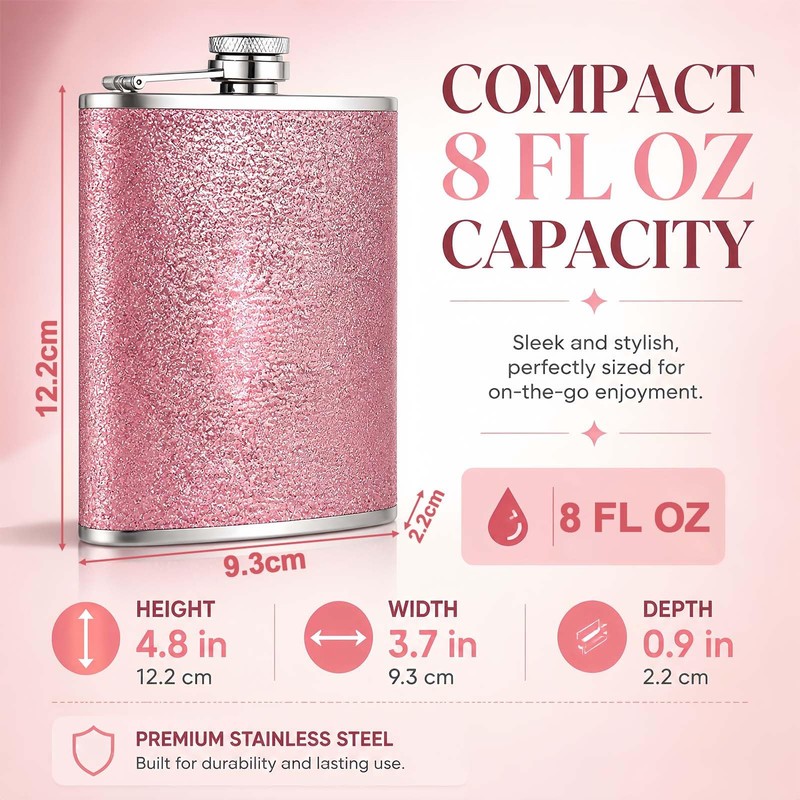8 Oz Hip Flasks for Women Men, Pink Sparkling Portable