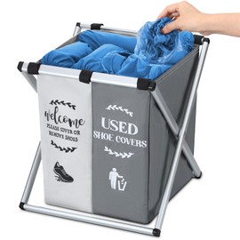 Wonderjune Foldable Disposable Shoe Cover Box Dispenser Fabric Storage Bin Holder with Used Shoe Covers and Welcome Please or Remove Sign for Open House Supplies(Gray, Beige)