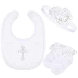 Geyoga 3 Pcs Baptism Bib for Baby Girl Baptism Candle Set Socks Pearl Headband Embroidered White Christening Outfit Bib(6-12 Months)