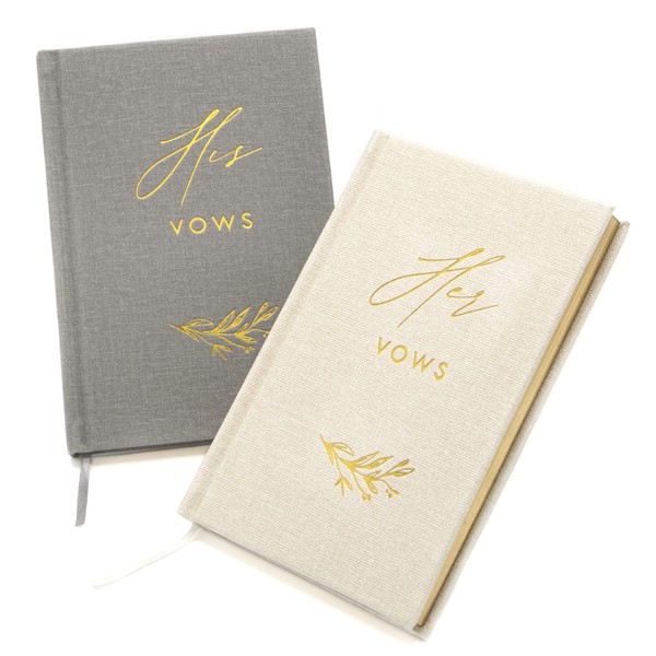 MUUJEE His and Her Vow Books (Set of 2) - Grey and Ivory Gold Foil Embossed Notebook Journal for Wedding Ceremony Vow Renewal - Wedding Gift Ideas