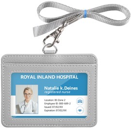 Teskyer Badge Holder with Lanyard, Leather ID Name Badge Card Holder with Lanyard for ID Badges, Horizontal, Lychee Pattern Grey