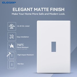 ELEGRP 1-Gang Screwless Toggle Wall Plates, Mid-Size Unbreakable Thermoplastic Faceplate Cover for Toggle Wall Switch & Dimmer Switch, UL Listed (10 Pack, Matte White)