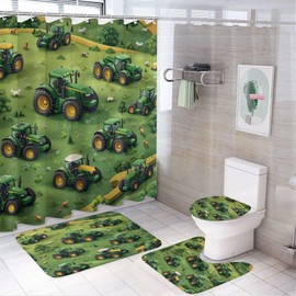 TOWINSFB 4Pcs Rustic Tractor Truck Shower Curtain, Nature Farm Floral Grass Shower Curtain Sets with Toilet Lid Cover, U-Shaped Mat and Non-Slip Rugs, Bathroom Decor Set, 72" x 72"