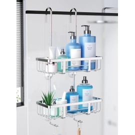 jockcaras Duschablage Zum Hängen Duschregal Ohne Bohren Shampoo Halterung Für Dusche Glastür Duschkorb Shampoo Duschgel Halterung mit 2 Duschkörben 2 Haken Für Duschwand aus Edelstahl Silber 32x57cm