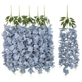 Dusty Blue Wisteria Hanging Flowers 5Pcs Silk Wisteria Garland for Ceiling 33" Realistic Artificial Fake Flower Vines for Wedding Ceremony Party Backdrop Wall Outdoor Home Decorations (Dusty Blue)
