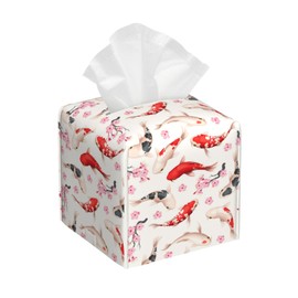 OHEGBXE Tissue Box Holder Koi Fish and Cherry Blossom Square Leather Tissue Box Cover Modern Cube Facial Paper Cover Case for Bathroom Vanity Countertop Night Stands Tabletop