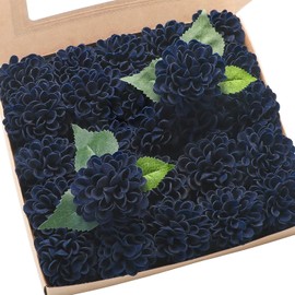 Floroom - Flores artificiales de dalia de aspecto real, 25 rosas falsas de espuma azul marino con tallos para bricolaje, ramos de boda, despedida de soltera, centros de mesa, arreglos florales, mesas de fiesta, decoración del hogar