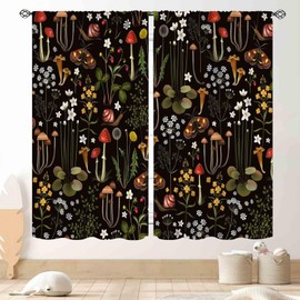 TKUYO Mushroom Curtains, Retro Wild Floral Botanical Mushroom Cottagecore Nature Plants Herbs Farmhouse Blackout Drapes for Kitchen Bedroom Living Room Window Treatments 2 Panels, 42"x45" Inch