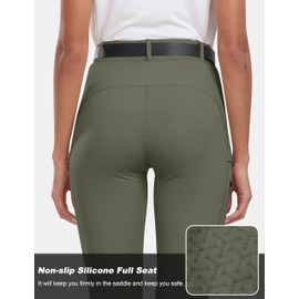 MoFiz Women's Silicone Full Seat Horse Riding Pants Zipper Pockets Equestrian Breeches Riding Tights Grayish Green M