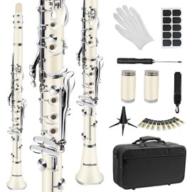 Soulmate Clarinet for Beginner Bb Clarinet Student Adults 17 Nickel-plated Keys with 2 Barrels 10 Reeds Hard Case and Clarinet Cleaning Kit, Woodwind Band & Orchestra Musical Instruments, White
