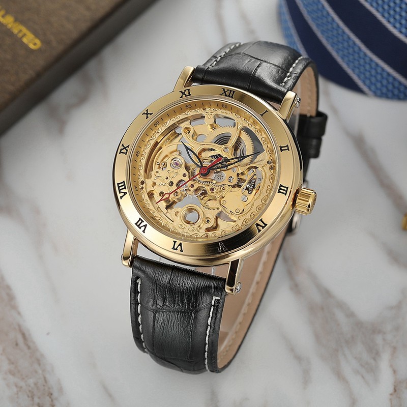 FORSINING Automatic Mechanical Hollow Out Waterproof PU Leather Strap Male
