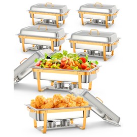 Chafing Dish Buffet Set, 8QT 6 Pack, Rectangle Chafing Dishes for Buffet w/Lid Holder, Stainless Steel Chafer Food Warmers Servers for Kitchen Party Banquet Dining, Gold