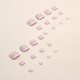 French False Toenails - 24pcs Short Square Toe Nails False With Glitter Rhinestones - Nude Pink Press On Nails With Glue - Acrylic Full Cover Summer Stick On Toenails For Women Girls Daily Decorations