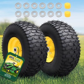 Wiltire 15x6.00-6 Tubeless Tire and Wheel Assembly(2 Pack) ，Replacement Riding Lawn Mower Front Tires,Compatible withRiding Mowers and Lawn Tractor, 3" Offset Hub and 3/4" Bushings（Yellow)