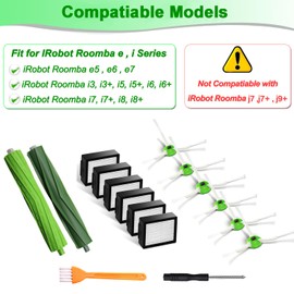 Replacement Parts for iRobot Roomba i7 i7+ Accessories for iRobot Roomba i7 i7+ i3 i3+ i4 i4+ i6 i6+ i8 i8+ E5 E6 E7, 2 Wheels Brush 6 HEPA Filter 6 Side Brush 1 Cleaning Tool 1 Screwdriver