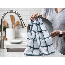 XLNT Green Large Kitchen Towels (3 Pack) - 100% Cotton Dish Towels | 20" x 28" | Ultra Absorbent Dishcloths Sets of Hand Towels/Tea Towels for Everyday Scrubbing | Quick Drying Kitchen Washcloths